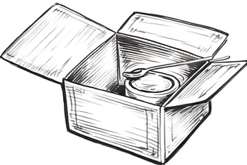 Sketch of Empty Opened Cardboard Food Box in Clean Minimalist Black Line Drawing Style on White Background