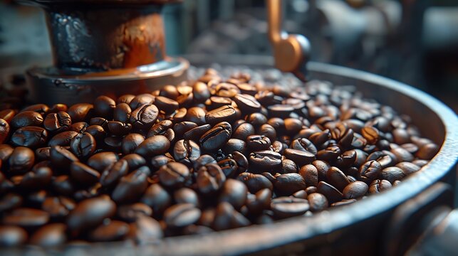 freshly roasted coffee beans in hull of industrial coffee roasting machine : Generative AI