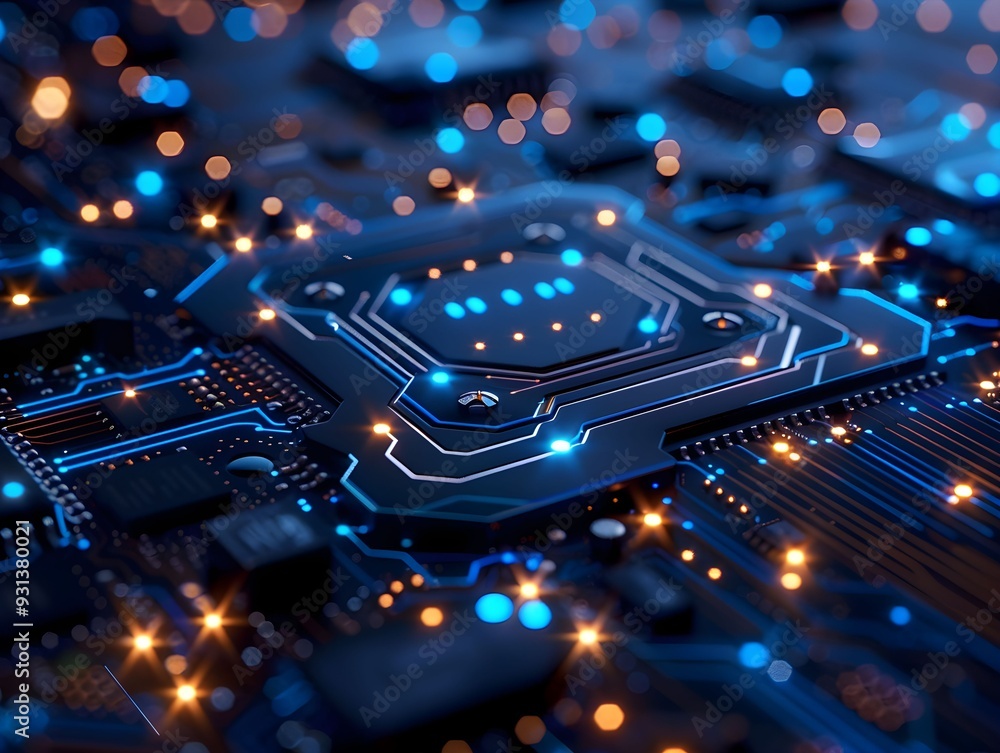Poster close-up of a circuit board with glowing blue accents and intricate patterns in a high-tech environm