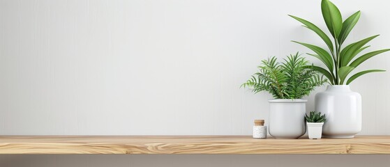 Fototapeta premium A white shelf with a few potted plants on it