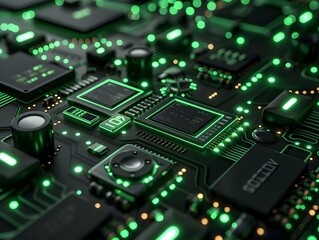 Obraz premium Close-up of a circuit board with glowing green components in a darkened setting