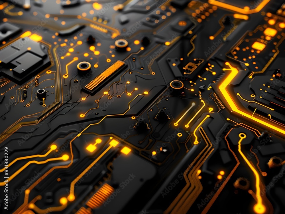 Poster close-up of a futuristic circuit board with glowing orange lines and intricate patterns