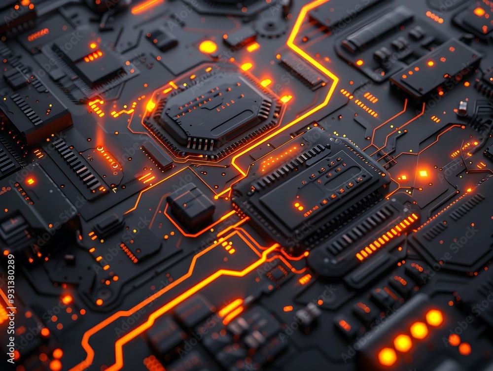 Poster close-up of a futuristic circuit board with glowing orange patterns and intricate electronic compone