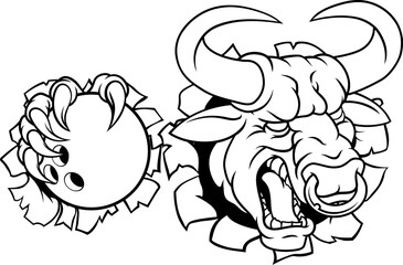A bull or Minotaur monster longhorn cow angry mean ten pin bowing mascot cartoon.