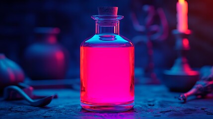 Gothic potion bottle glowing with vibrant liquid, surrounded by a witch s mystical tools and dark, enchanted Halloween decorations