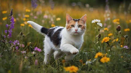 A playful and mischievous cat chasing a frisky puppy through a field of wildflowers. The cat's fur is a striking calico pattern, while the puppy's coat is a fluffy white with patches of caramel 