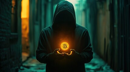 Dark hooded figure holding glowing bitcoins in shadowy alleyway digital underworld corruption money exchange ominous atmosphere