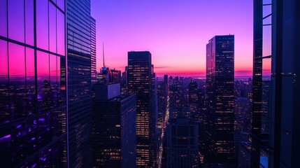 A vibrant cityscape at sunset, showcasing skyscrapers and a colorful sky.