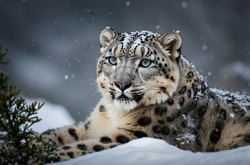 Portrait of Snow Leopard in Winter Habitat