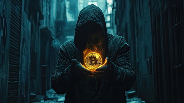 Dark hooded figure holding glowing bitcoins in shadowy alleyway digital underworld corruption money exchange ominous atmosphere