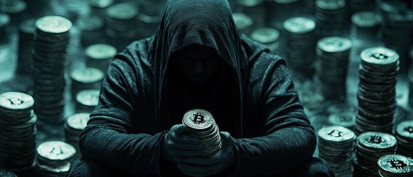 Dark hooded figure counting bitcoin stacks corruption money concealment digital cryptic atmosphere