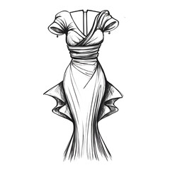 Sketch of Luxury Fashion Woman s Dress in Clean Minimal Line Drawing Style on White Background