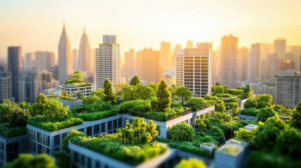 Obraz premium A vibrant cityscape featuring green rooftops and urban greenery at sunset.