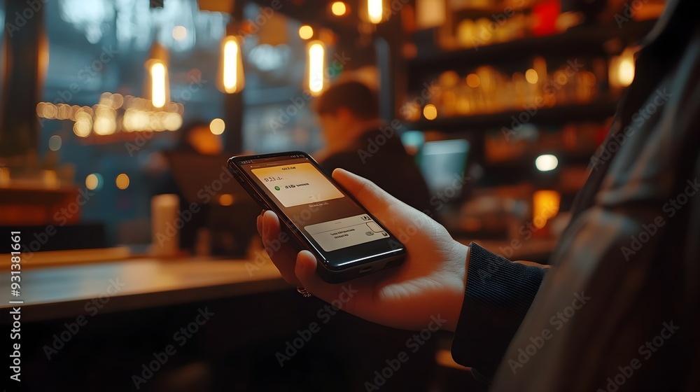 Aufkleber person using digital wallet to split bill at restaurant representing social and convenient payments
