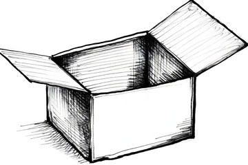 Sketch of Open Cardboard Box in CAD Style on White Background