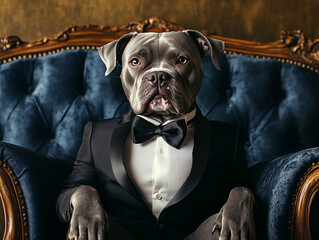 A dog in tuxedo is sitting on a chair sofa with sunglasses