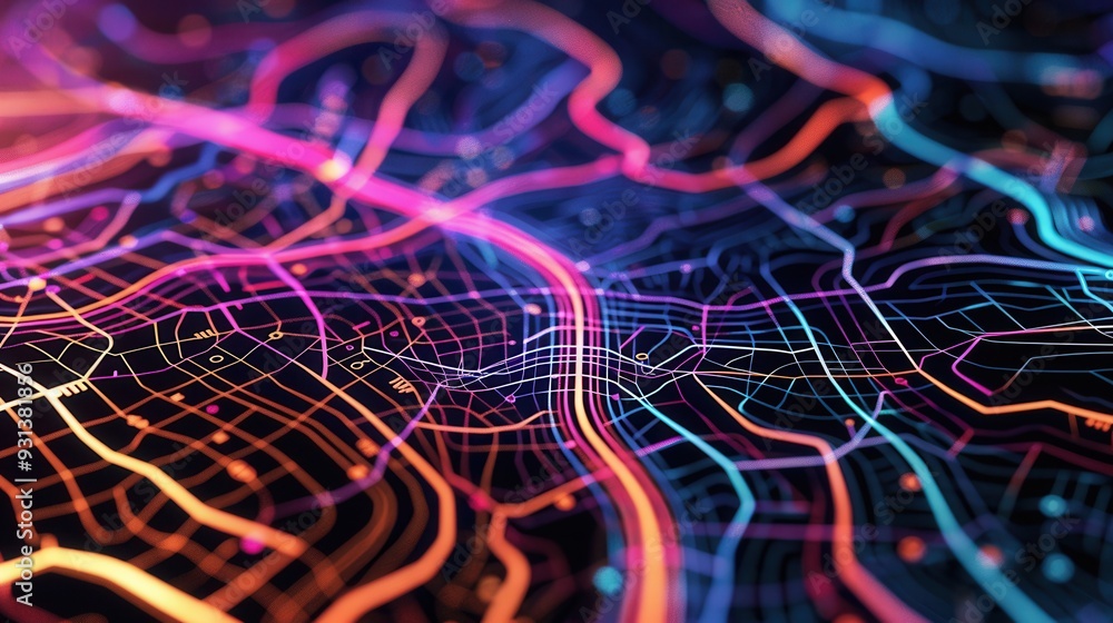 Leinwandbilder Vibrant lines and routes overlay a stylized map, illustrating dynamic connectivity for transportation and logistics applications. Generative AI
