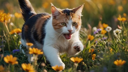 A playful and mischievous cat chasing a frisky puppy through a field of wildflowers. The cat's fur is a striking calico pattern, while the puppy's coat is a fluffy white with patches of caramel 