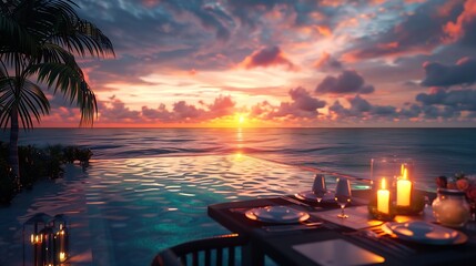 Seascape view under sunset light with dining table with infinity pool around Romantic tranquil getaway for two couple concept Chairs food and romance Luxury destination dining honeymoo : Generative AI