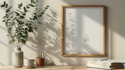 Empty wooden picture frame poster mockup hanging on beige wall background Vase with green eucalyptus tree branches on table Cup of coffee books Working space home office Modern art dis : Generative AI