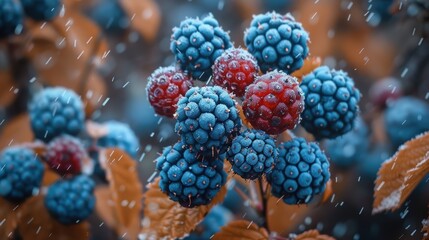 Frost-covered berries on a bush in a winter garden