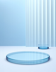 Product display podium, blue background with 3D and vector design elements.