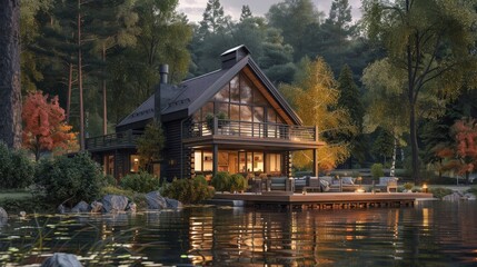 Fototapeta premium Picture a serene lakeside cabin in the woods, rendered in 3D.