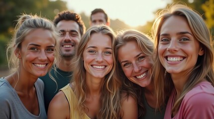 Obraz premium Radiant Group of Friends: Joyful Smiles Capturing Genuine Happiness and Youthful Camaraderie in Sunlit Moment