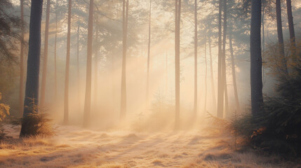 Obraz premium Golden Sunlight Illuminating Misty Woodland Path at Sunrise