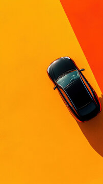 Aerial view of a black car casting a shadow against a vibrant orange and yellow background, showcasing modern automotive design.