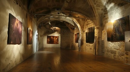 Fototapeta premium Picture an art exhibition that takes place in a historic castle.
