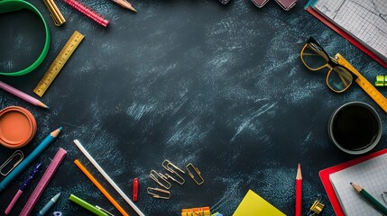 Assorted school supplies arranged around a chalkboard surface