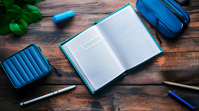  Open notebook with blue accessories on a wooden desk