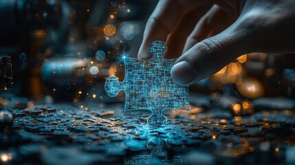 A futuristic, light blue hologram of a hand holding a jigsaw puzzle piece. This image symbolizes the concept of digital business solutions and innovation.