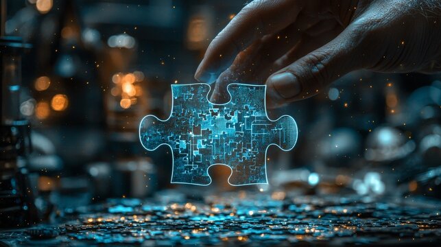 A futuristic, light blue hologram of a hand holding a jigsaw puzzle piece. This image symbolizes the concept of digital business solutions and innovation.