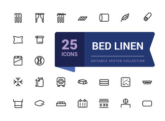 Bed linen flat minimal line icons set. Cushion, blanket, sheets, pillow, mattress topper, vector illustrations. Simple editable stroke vector illustration.