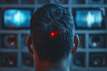 Rear view of man under gunpoint looking at TV screens. Social and media issues. Generated by artificial intelligence