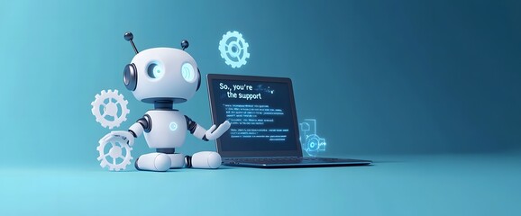 An engaging image of a robot AI assistant offering support, depicted with floating gears and a high-tech laptop interface