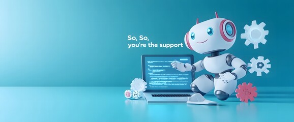 An engaging image of a robot AI assistant offering support, depicted with floating gears and a high-tech laptop interface
