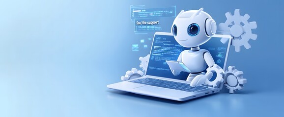 An engaging image of a robot AI assistant offering support, depicted with floating gears and a high-tech laptop interface