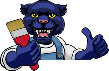 A panther painter decorator cartoon animal mascot holding a paintbrush peeking around a sign and giving a thumbs up