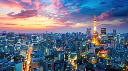 Fototapeta premium Picture the futuristic skyline of Tokyo, with its neon lights, bustling Shibuya Crossing, and serene temples.