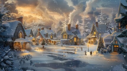 Obraz premium Snow gently falls on a charming village as smoke rises from chimneys, illuminating the quaint cottages with a warm glow in the tranquil evening. Generative AI