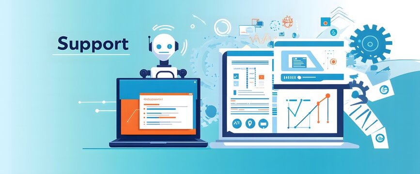 An engaging image of a robot AI assistant offering support, depicted with floating gears and a high-tech laptop interface