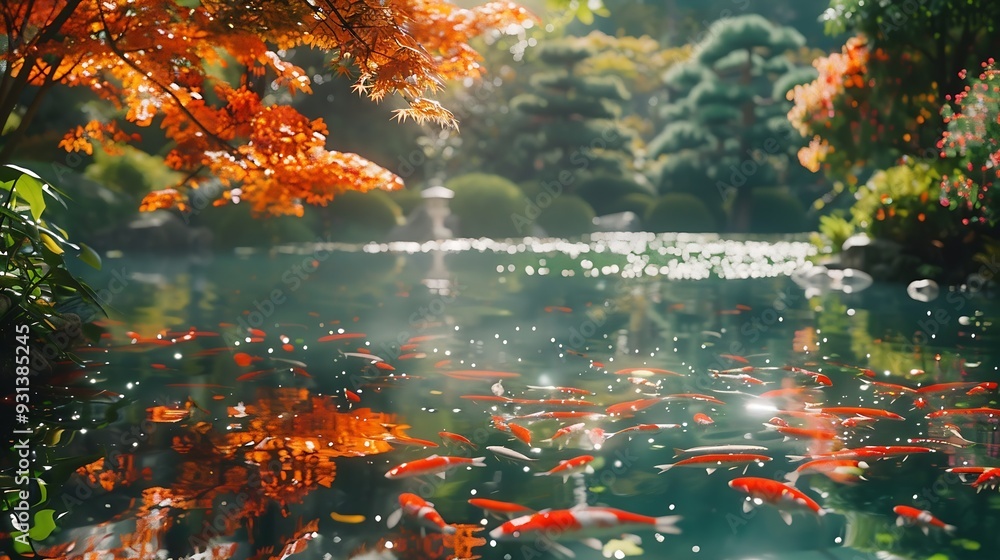 Poster A Japanese garden with a Japanese maples on the forgetting and background sure surrounding a carp lake : Generative AI