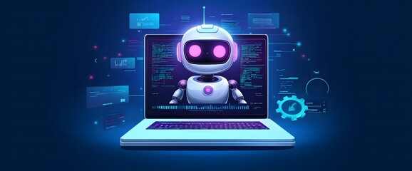 An engaging image of a robot AI assistant offering support, depicted with floating gears and a high-tech laptop interface