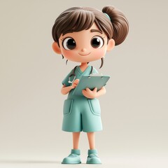 Fototapeta premium A friendly and approachable 3D clay character dressed as a nurse and holding a clipboard. Perfect for medical illustrations, children's books, and more.