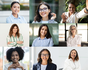 A group of nine women is depicted, showcasing a range of diverse backgrounds and expressions. They are interacting joyfully in various professional environments