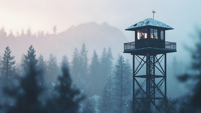 A firewatch tower with a retractable roof, surrounded by a blurred, snowy mountain landscape, the scene illuminated by the soft light of an overcast sky, cool and contemplative mood,