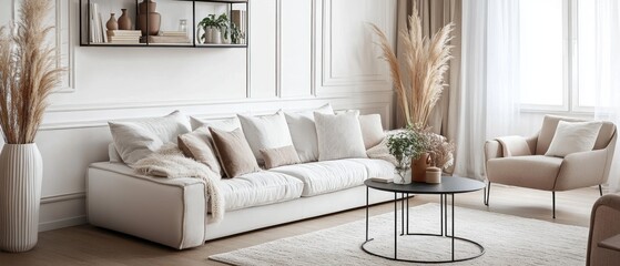 White Sofa and Armchair in a Modern Living Room with Decorative Plants